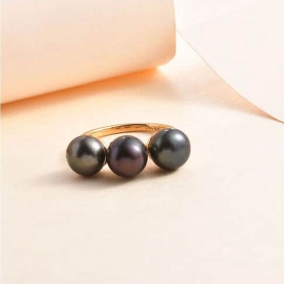 Peacock Pearl 3 Stone Ring 14kYG over 925 silver 9 - Picture 1 of 15